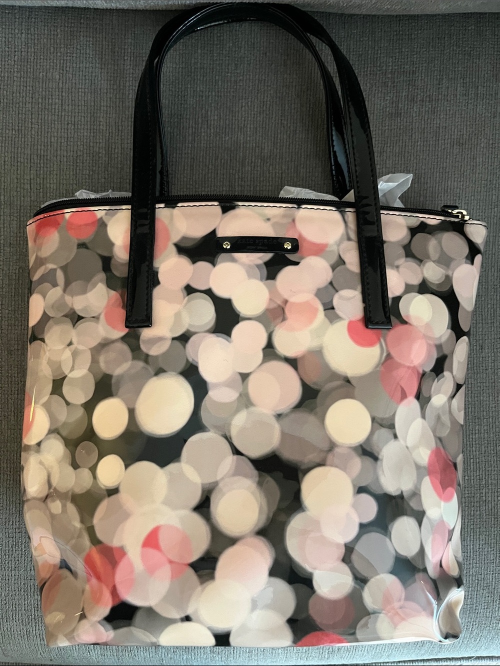 kate spade Black Patent-Handle Tote with Pink and Cream Bubble Print